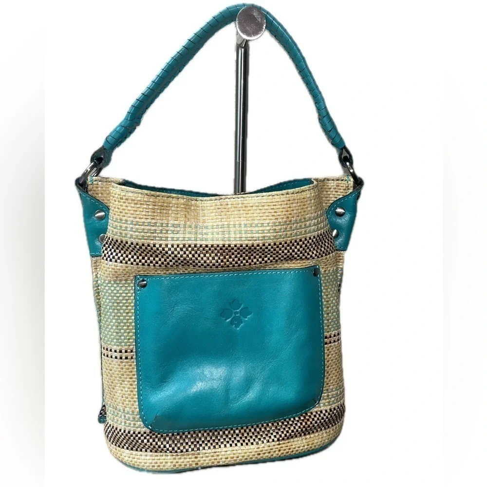 Patricia Nash Octavia Leather Blue Teal & Beige Women's Wicker Woven Tote